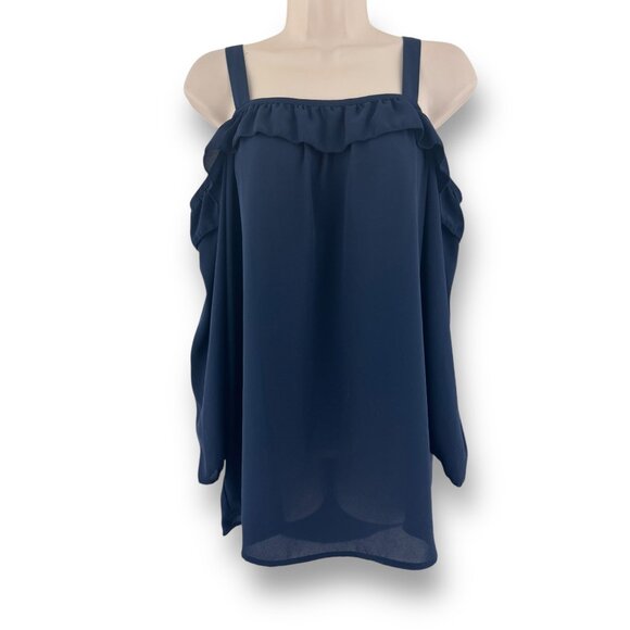 Size‎ Small NAVY BLUE COLD SHOULDER CHIFFON BLOUSE Fall Boho Peasant Bohemian - Picture 2 of 7
